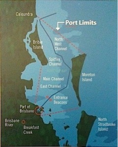 Map of Moreton Bay showing the main shipping channel