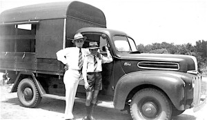 Emmett Kelly (left) and patients' truck at Peel Island 1940s